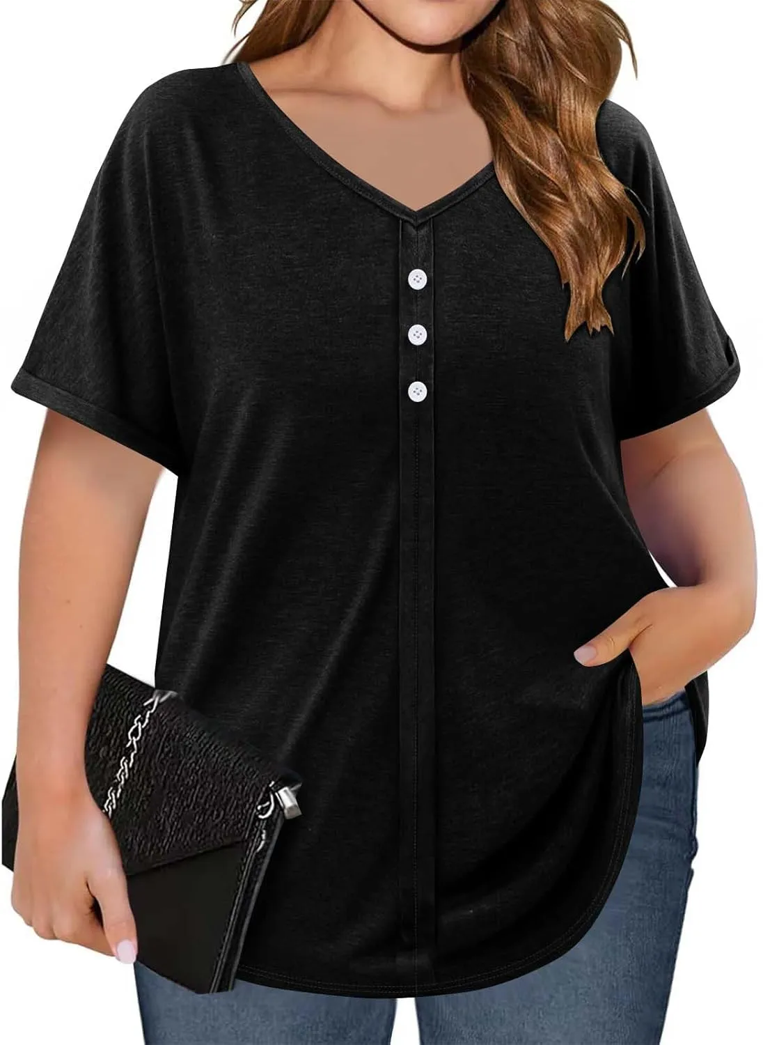 Womens Plus Size Tops Casual V Neck Short Sleeve Casual T Shirts Dressy Front Pleated Loose Basic Tunic Tees