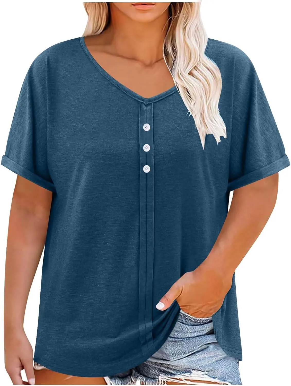 Womens Plus Size Tops Casual V Neck Short Sleeve Casual T Shirts Dressy Front Pleated Loose Basic Tunic Tees