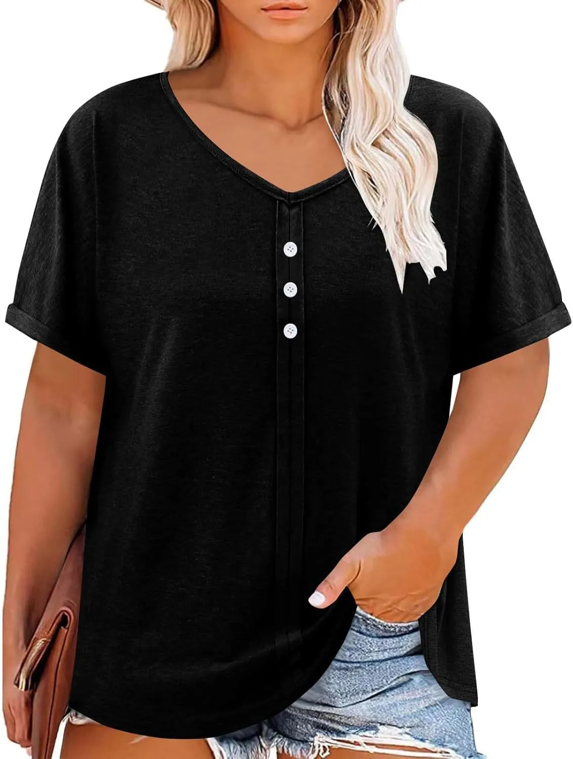 Womens Plus Size Tops Casual V Neck Short Sleeve Casual T Shirts Dressy Front Pleated Loose Basic Tunic Tees
