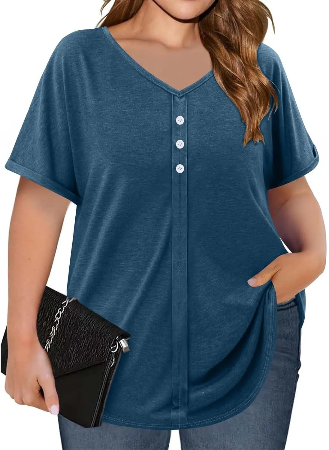 Womens Plus Size Tops Casual V Neck Short Sleeve Casual T Shirts Dressy Front Pleated Loose Basic Tunic Tees