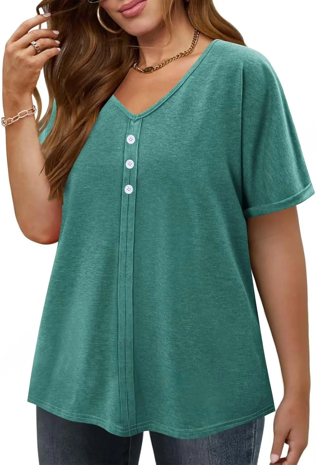 Womens Plus Size Tops Casual V Neck Short Sleeve Casual T Shirts Dressy Front Pleated Loose Basic Tunic Tees