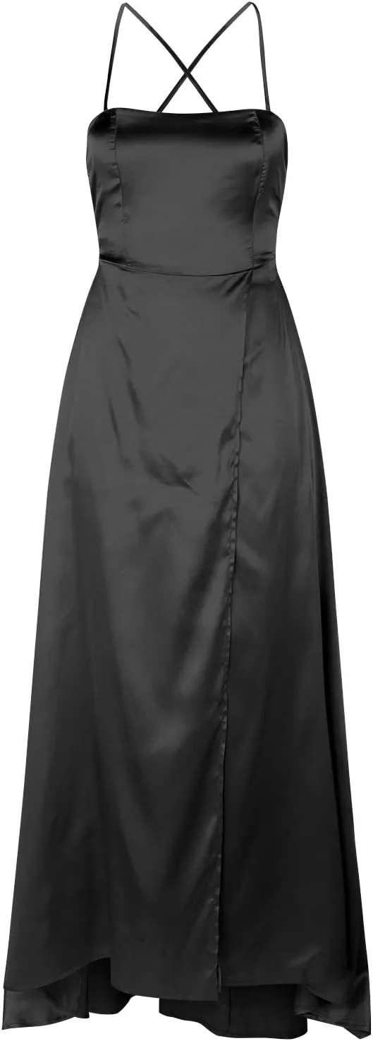 Women's Satin Prom Dresses with Slit Strapless Cowl Neck Corset Formal Dresses A Line Ball Gowns with Pockets