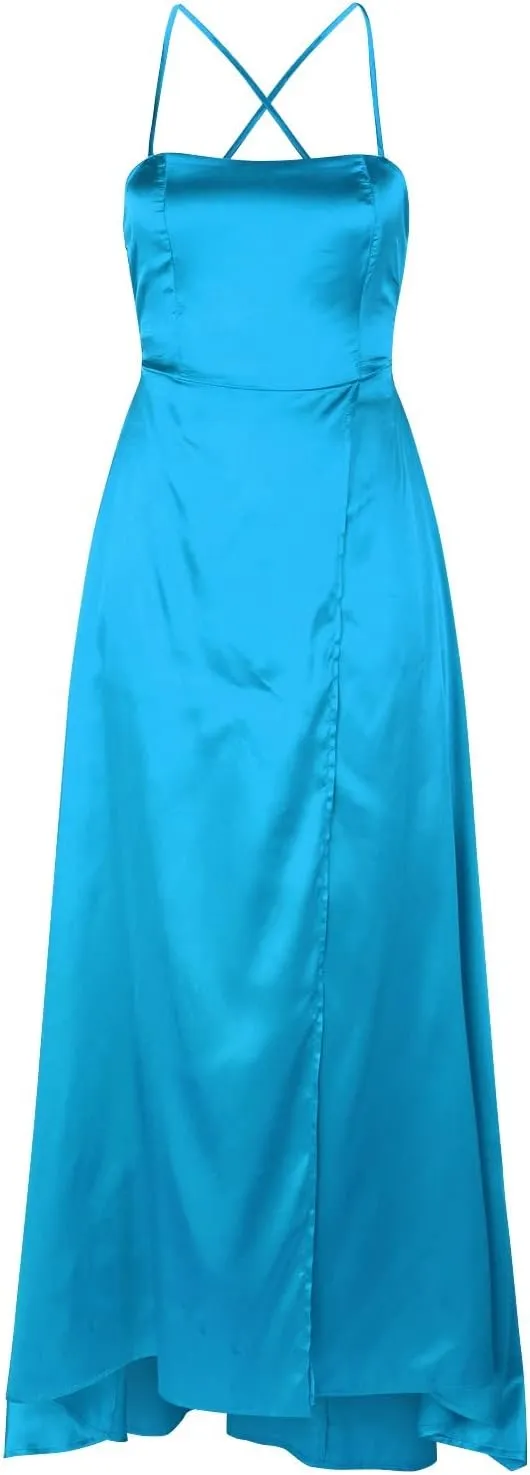 Women's Satin Prom Dresses with Slit Strapless Cowl Neck Corset Formal Dresses A Line Ball Gowns with Pockets