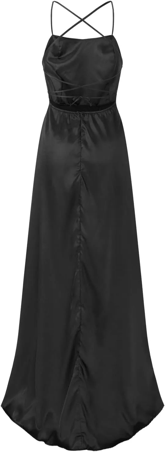 Women's Satin Prom Dresses with Slit Strapless Cowl Neck Corset Formal Dresses A Line Ball Gowns with Pockets
