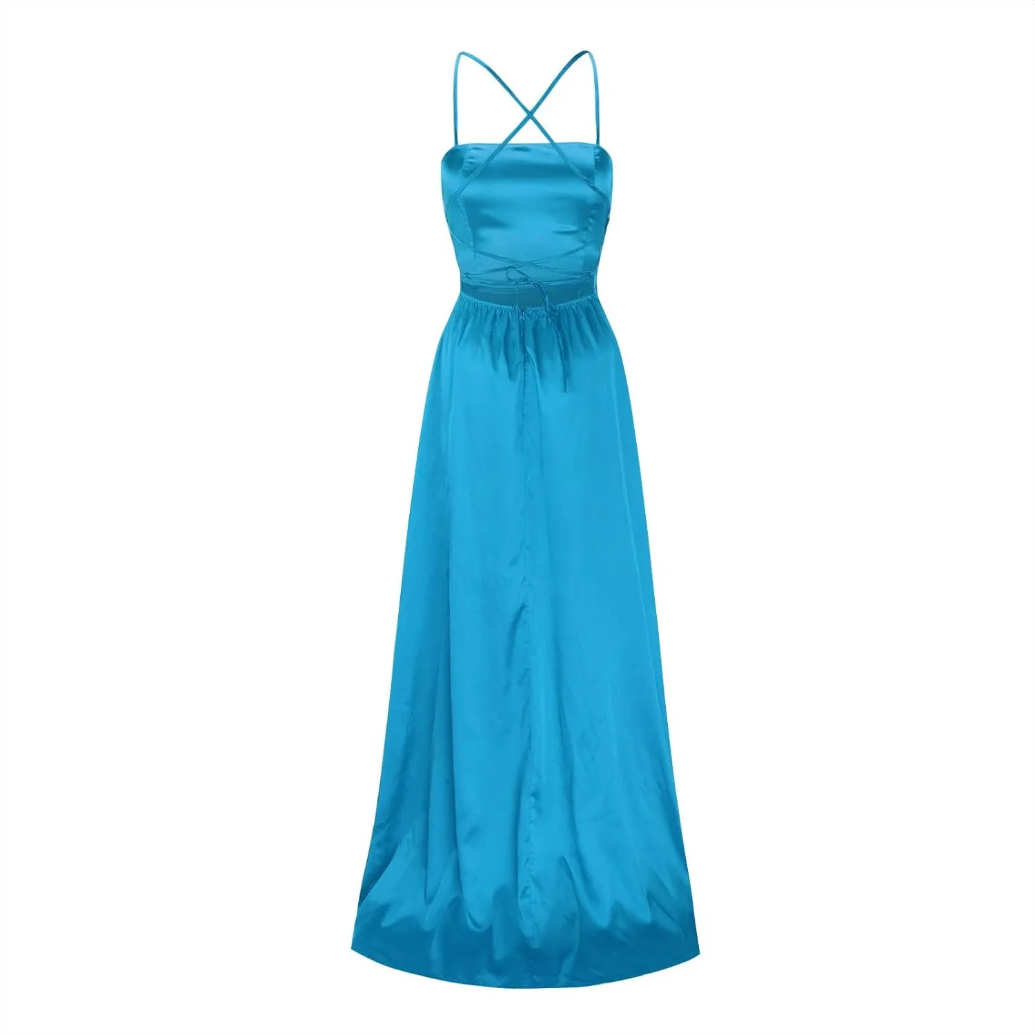 Women's Satin Prom Dresses with Slit Strapless Cowl Neck Corset Formal Dresses A Line Ball Gowns with Pockets