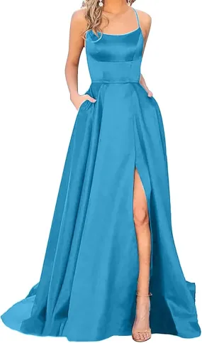 Women's Satin Prom Dresses with Slit Strapless Cowl Neck Corset Formal Dresses A Line Ball Gowns with Pockets