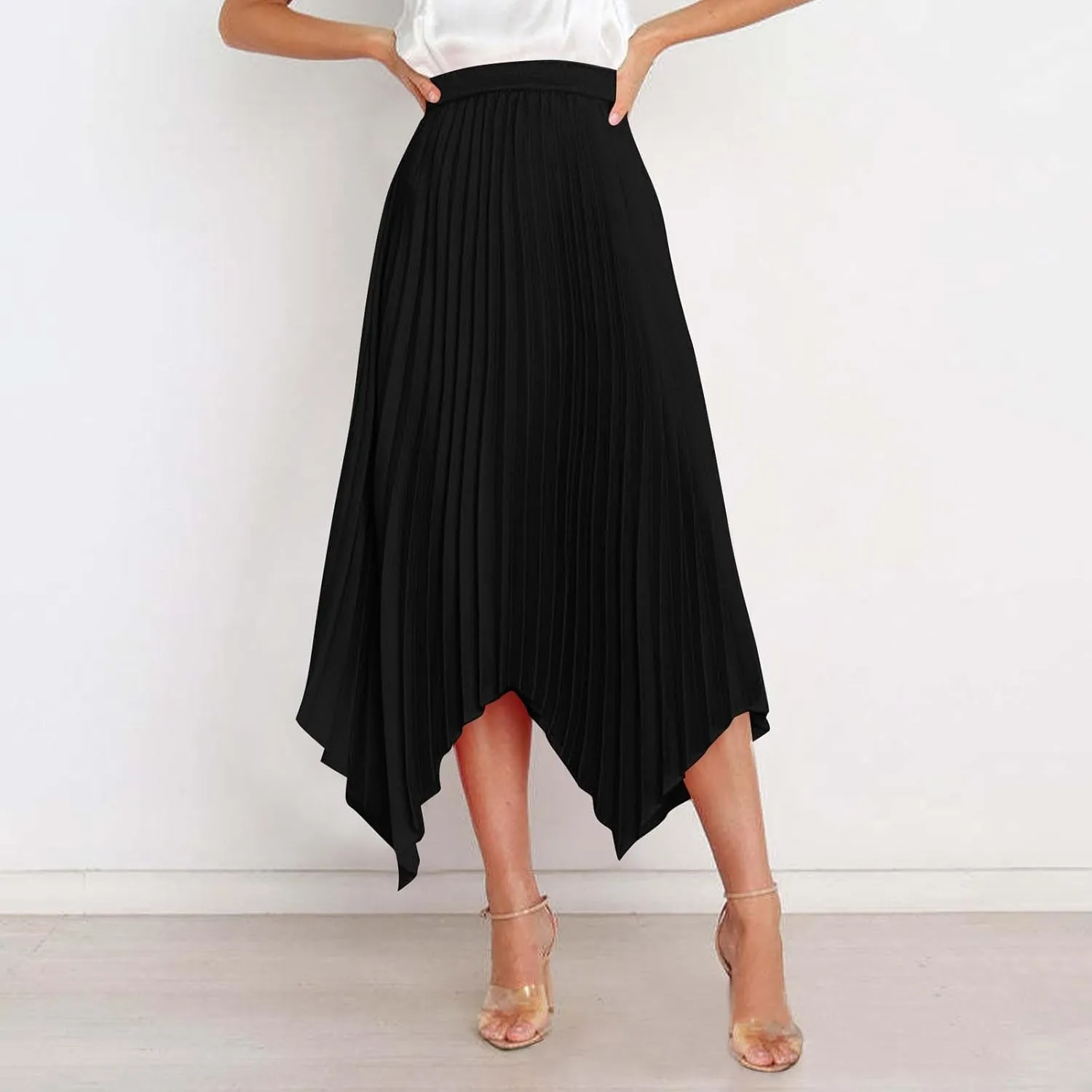 Women's Solid Color High Waisted Midi Skirt, Ruched Casual Irregular Hem Trendy Clothes Summer Going Out Casual Skirts