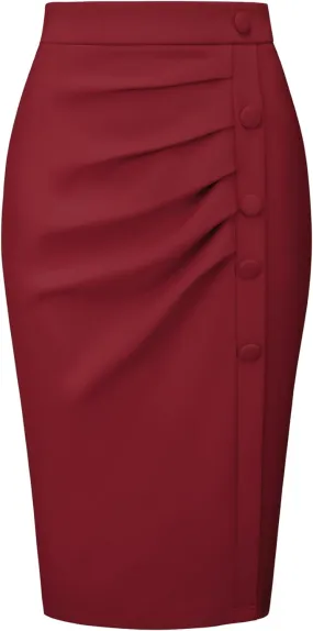 Women's Wear to Work Pencil Skirt Elastic High Waist Ruched Bodycon Midi Skirts