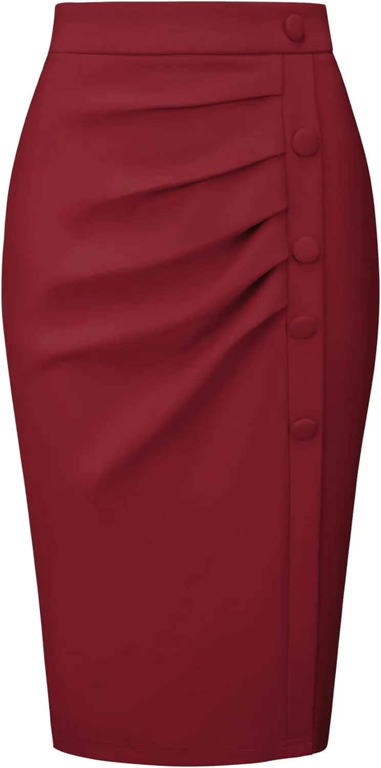 Women's Wear to Work Pencil Skirt Elastic High Waist Ruched Bodycon Midi Skirts