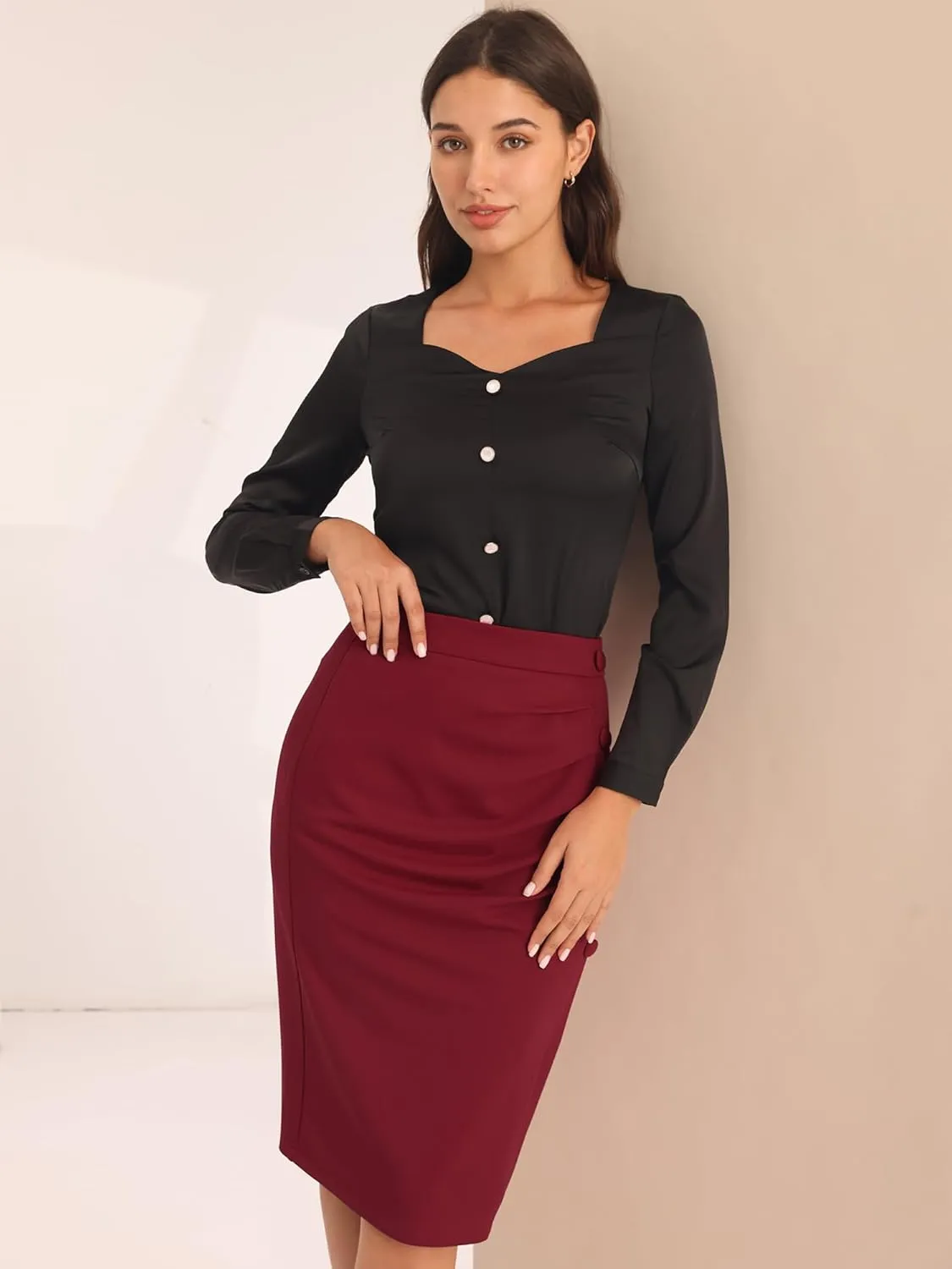 Women's Wear to Work Pencil Skirt Elastic High Waist Ruched Bodycon Midi Skirts