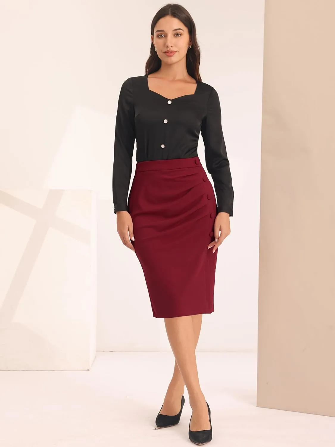 Women's Wear to Work Pencil Skirt Elastic High Waist Ruched Bodycon Midi Skirts