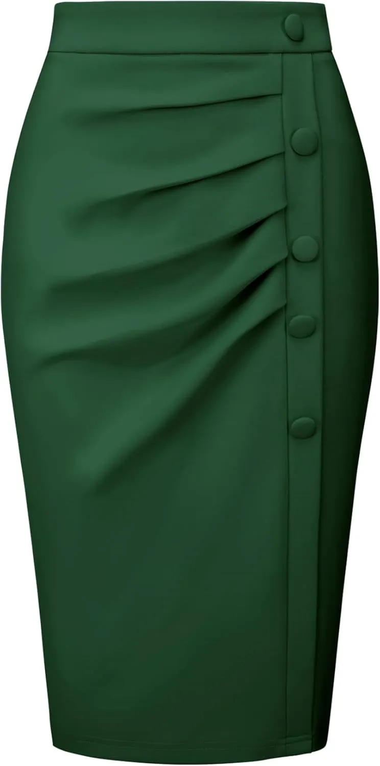 Women's Wear to Work Pencil Skirt Elastic High Waist Ruched Bodycon Midi Skirts
