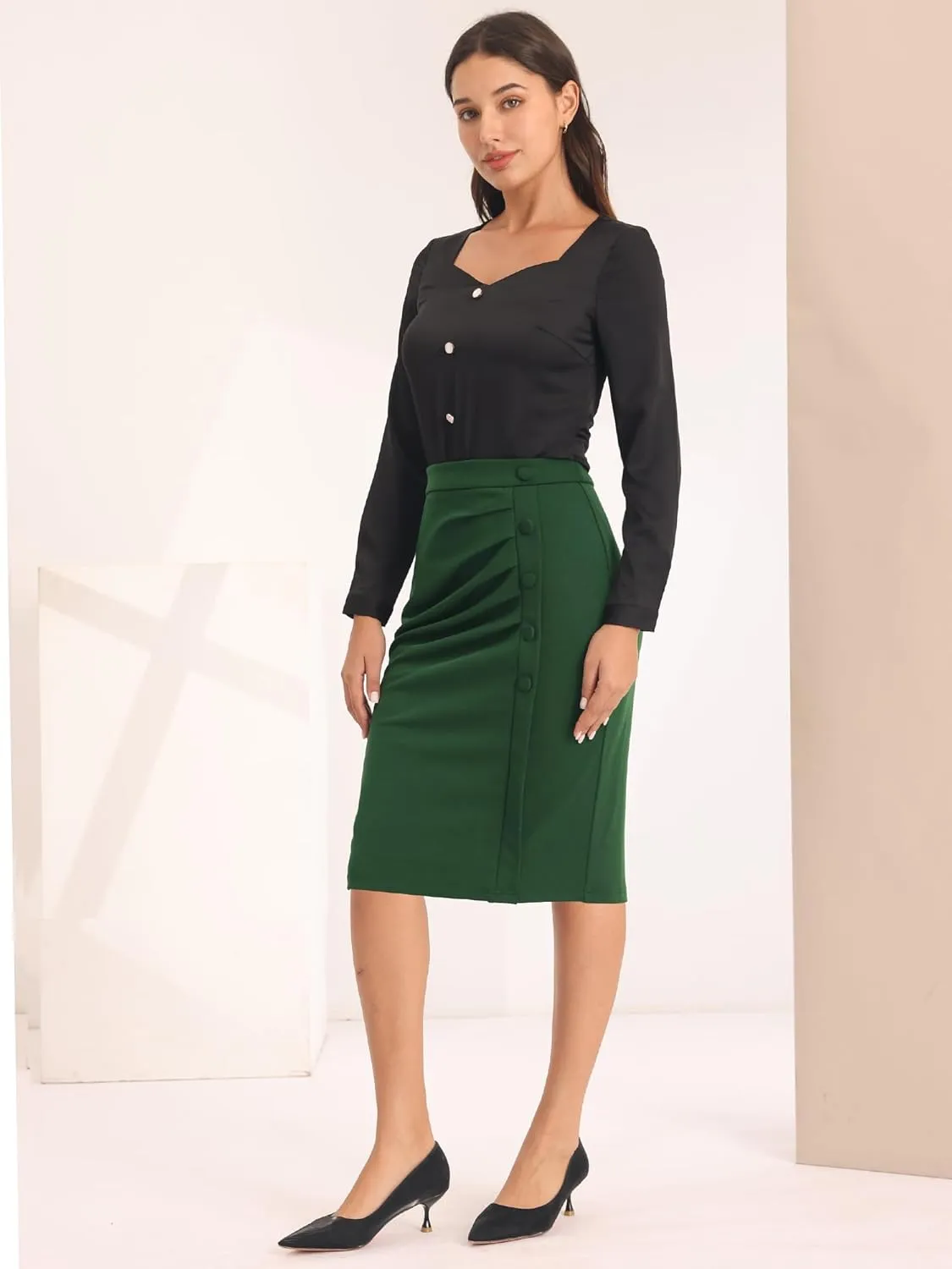 Women's Wear to Work Pencil Skirt Elastic High Waist Ruched Bodycon Midi Skirts