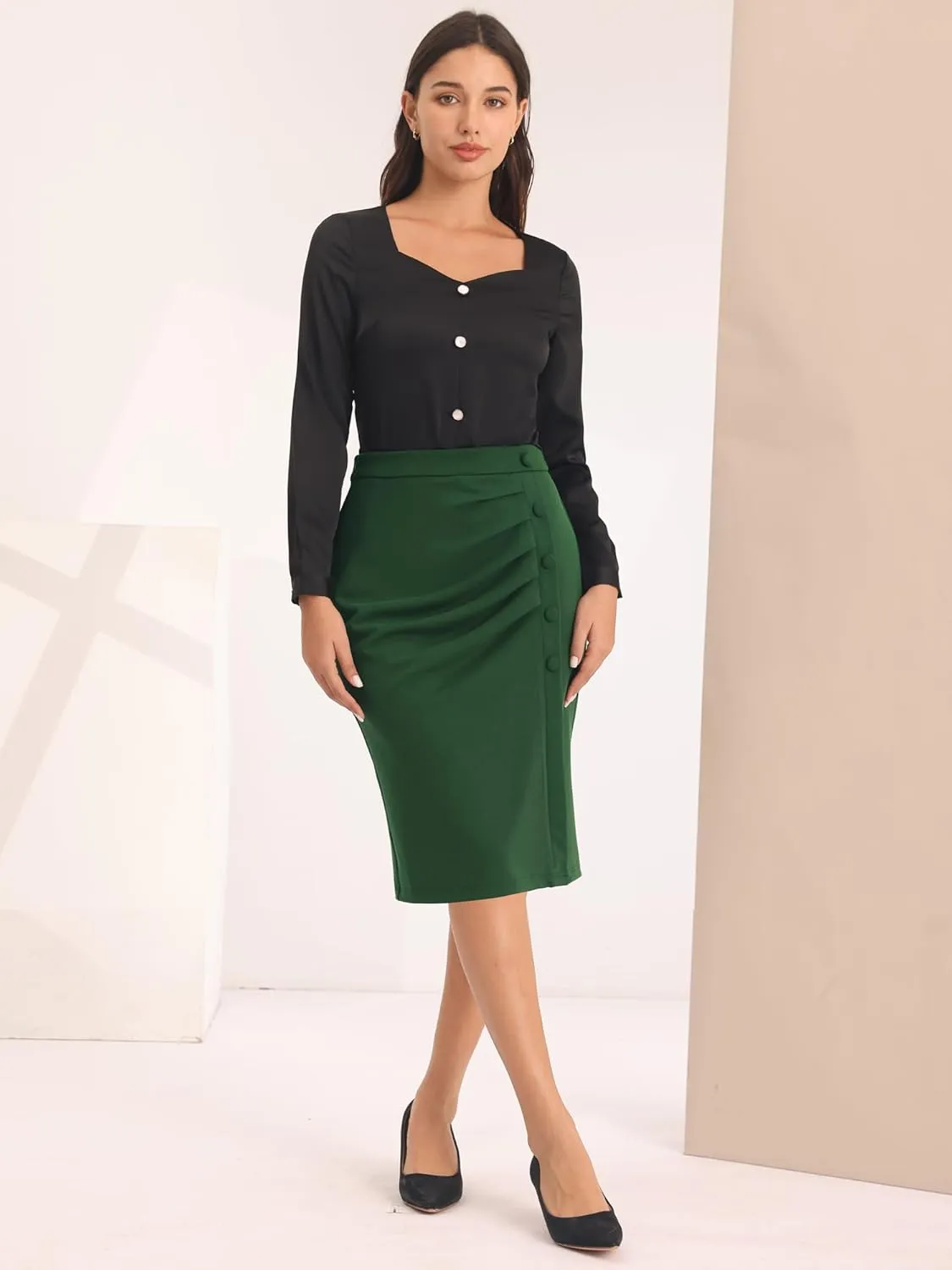 Women's Wear to Work Pencil Skirt Elastic High Waist Ruched Bodycon Midi Skirts